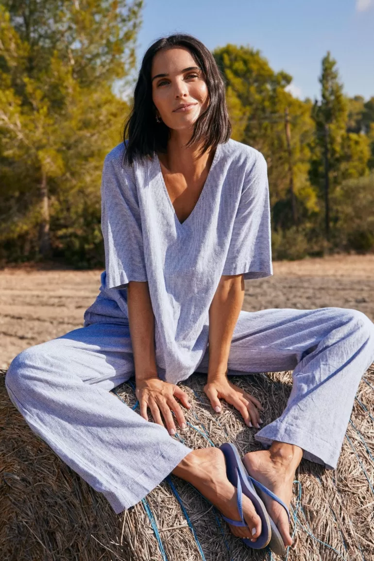FREEQUENT FQLAVA - LINEN BLOUSE WITH STRIPES - WHITE AND BLUE Off-whitew.NebulasBlue Discount