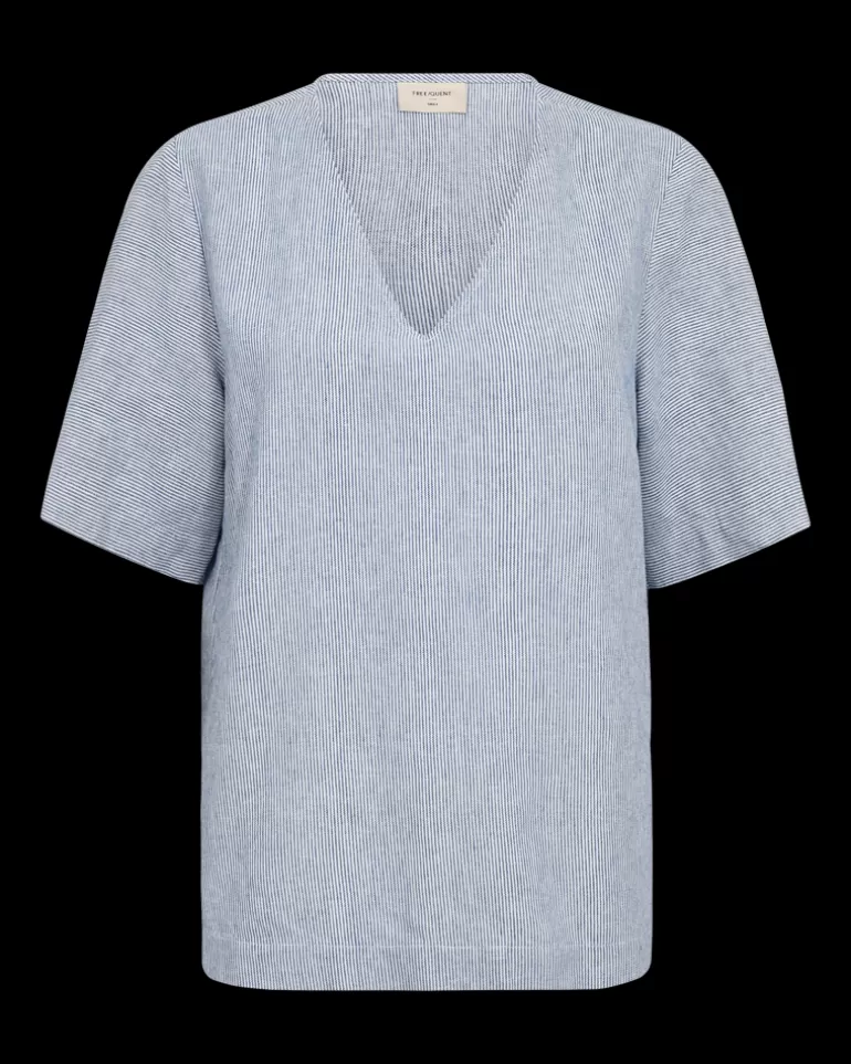 FREEQUENT FQLAVA - LINEN BLOUSE WITH STRIPES - WHITE AND BLUE Off-whitew.NebulasBlue Discount