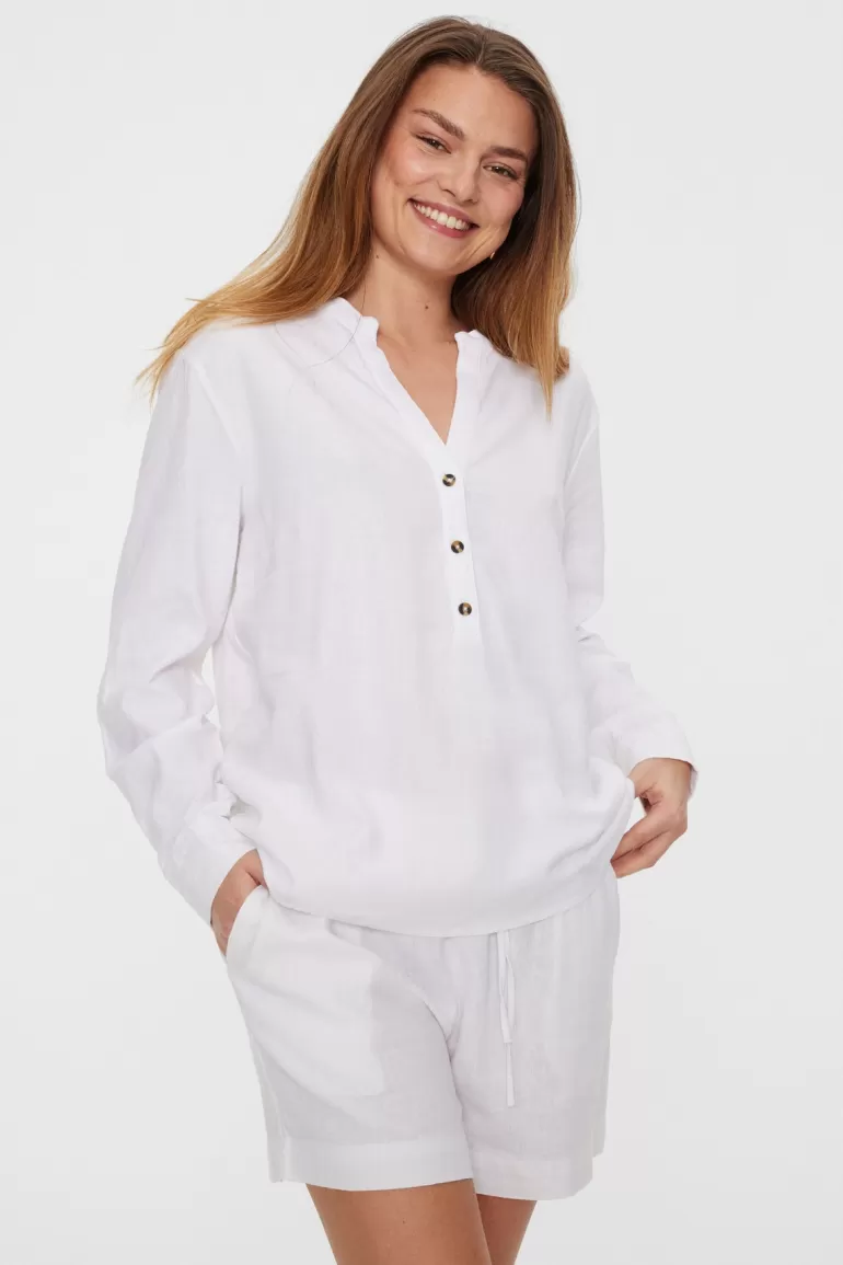 FREEQUENT FQLAVA - LINEN SHIRT WITH V-NECK - WHITE Brilliantwhite Cheap