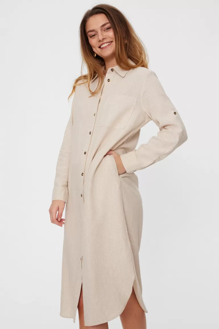 FREEQUENT FQLAVA - STRIPED LINEN DRESS - WHITE AND BEIGE SimplyTaupew.Off-white Flash Sale